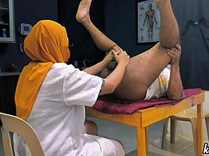 muslim hijab doctor strokes patient's cock checkup play