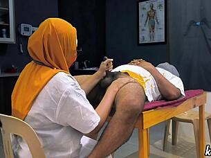 muslim hijab doctor strokes patient's cock checkup play