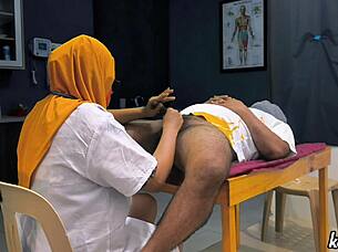 muslim hijab doctor strokes patient's cock checkup play