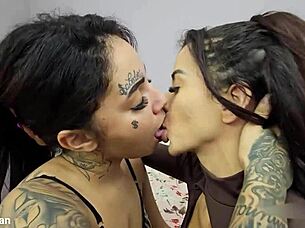 hot latina lesbians kiss grope curvy tits passionately