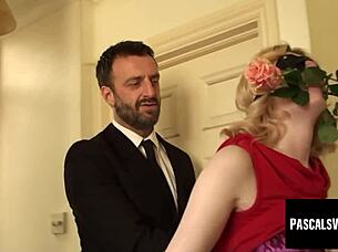 blindfolded blonde begs for kinky cum in her romantic mouth