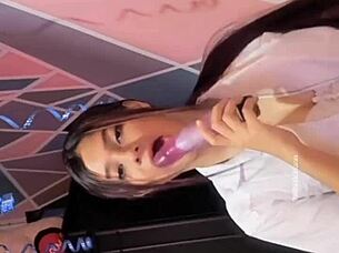 University girl rocks her dildo wild in cosplay lingerie