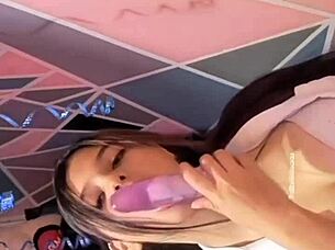 University girl rocks her dildo wild in cosplay lingerie