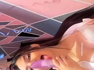 University girl rocks her dildo wild in cosplay lingerie