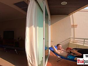 Petite thai nympho cherry rides big cock outdoors