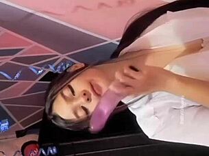 University girl rocks her dildo wild in cosplay lingerie