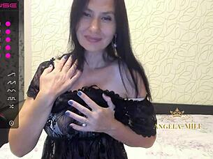 Playful brunette milf strips bares ass takes young cock doggystyle balls deep creampie