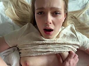 Blonde teen slut rides cowgirl before creampie sister cheating bang