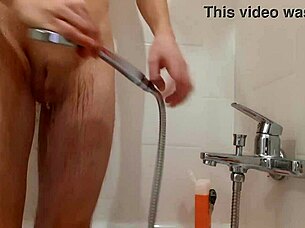 shysam4's skinny shaved cock shower ball kicking