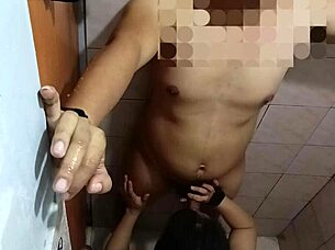 Asian babe surrenders to bathroom pounding passion