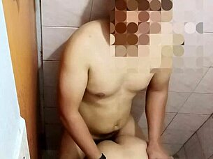Asian babe surrenders to bathroom pounding passion