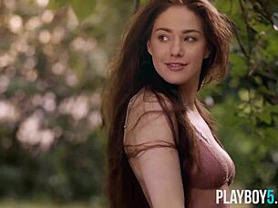 dutch brunette joy draiki strips outdoors showing hairy pussy and beaver