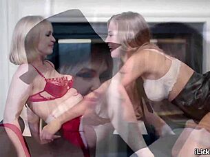 Blonde big tits lesbians scissor lick shaved pussies hungrily