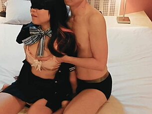 Undressing busty stewardess cosplay in pink lingerie for tit fondling