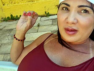 Brazilian milf flashes big clit pussy poolside with step guy