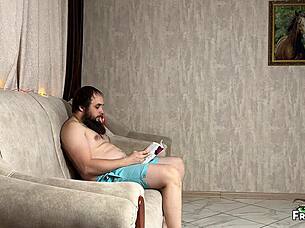 Milf tempts guy sharing Christmas couch for taboo sofa fun