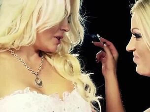 Blonde big tits lesbians kiss passionately in heels stockings