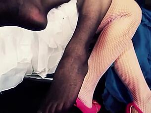 Blonde big tits lesbians kiss passionately in heels stockings
