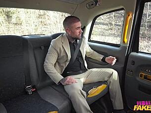 sexy athletic redhead hops in fake taxi for outdoor pov blowjob and cumshot ride