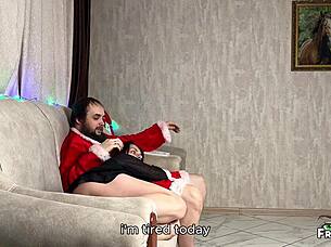 Milf tempts guy sharing Christmas couch for taboo sofa fun