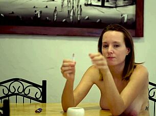 cheeky brunette babe smokes with big tits tease