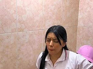 horny skinny latina students caught fucking wildly in school bathroom