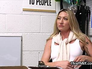 blonde cougar rips clothes for officer's fat cock desk fuck