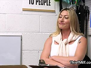 blonde cougar rips clothes for officer's fat cock desk fuck