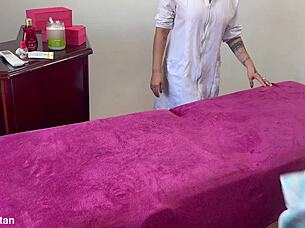 Relaxing massage turns into oiled blindfolded handjob explosion