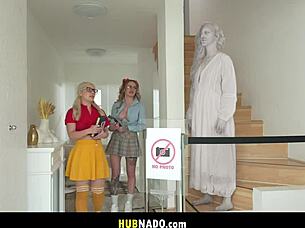 statue's solid cock tempts lesbian oil play