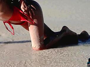 gorgeous brunette gloria sol strips outdoors on beach