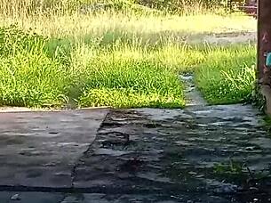 guy delivers blowjob and cumshot in backyard garden