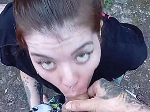 guy delivers blowjob and cumshot in backyard garden