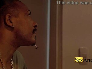 interracial couple fucks passionately on the stairs closeup