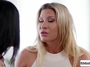 big tits milf eagerly licks young blonde's hairy pussy