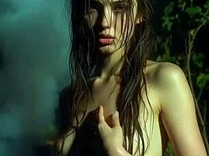Wet AI Beauty Poses Topless with Natural Tits in Forest Rain