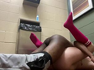 Sassy Pink Sock Teen Cums Hard on Toes in Public Bathroom