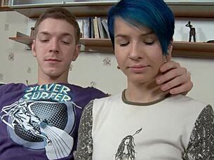 blue-haired aster v tongues milo p's jizz after wild sex