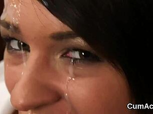 frisky beauty kneels for massive facial cum swallow