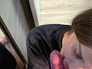 Watch me deepthroat cum in mirror closeup