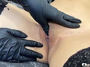 hey check these sexy babes in gloves fingering shaved pussies and licking feet