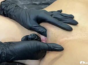 hey check these sexy babes in gloves fingering shaved pussies and licking feet