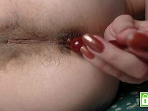 pushing anal beads hands-free from hairy asshole!