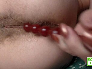 pushing anal beads hands-free from hairy asshole!