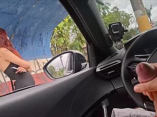 Risky street handjob tease for bus stop cutie in public POV flash.