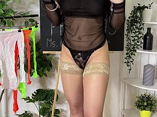 Sexy mature in fishnets teases with curvy ass and big tits!