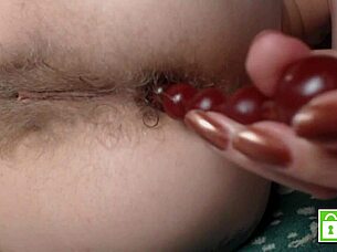 pushing anal beads hands-free from hairy asshole!