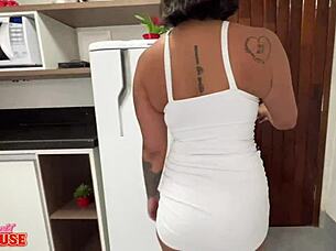 plumber's huge cock stuffing this horny brunette deep?