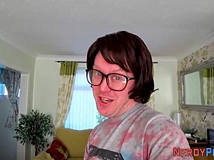 big tit slut gulps down nerd's throbbing cock eagerly