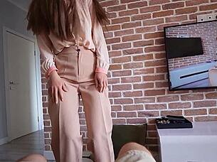 stepmom catches stepson jerking and makes him cum fast on her ass